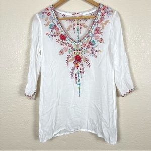 Johnny Was Floral Embroidered Tunic Blouse White Boho Peasant‎ Cottagecore Sheer